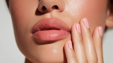 Close-up portrait of a young  woman with a serene expression and flawless skin, showcasing a natural skincare routine at home