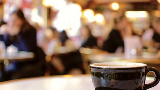 Coffee cup on a table in a busy cafe during daytime  