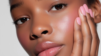 Close-up portrait of a young Black woman with a serene expression and radiant skin, showcasing a natural skincare routine at home