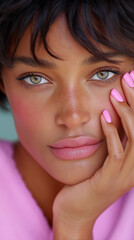Close-up portrait of a young  woman with a joyful expression and radiant skin, showcasing a natural skincare routine at home