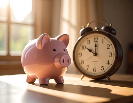 A classic piggy bank beside an old clock shows time and saving as core investment ideas