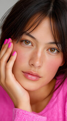 Close-up portrait of a young Asian woman with a serene expression and radiant skin, showcasing a natural skincare routine at home