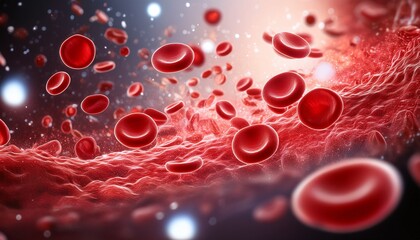 bright red blood cells move actively within a rich backdrop of sparkling particles and a fluid atmosphere creating a visually captivating composition of cellular activity and motion