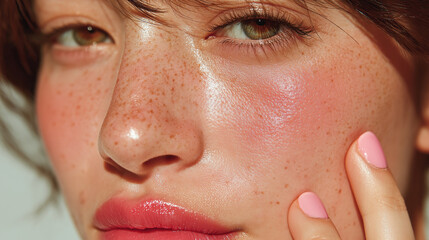 Close-up portrait of a young  woman with a confident expression and dewy skin, showcasing a natural skincare routine at home