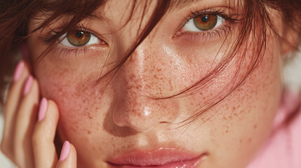Close-up portrait of a young  woman with a cheerful expression and radiant skin, showcasing a natural skincare routine at home