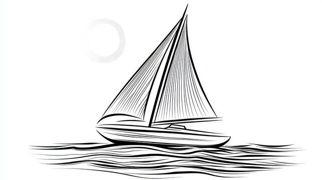 A black and white line drawing of a sailboat on a wavy sea