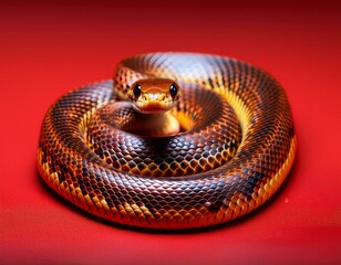 Fototapeta premium mischievous snake with shiny skin smiles against a vibrant red backdrop