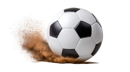 Naklejka premium Dynamic Soccer Ball Kicking Up Dust on a Grassy Field Background