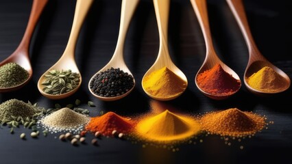 spices and herbs in wooden spoons on rustic wood background