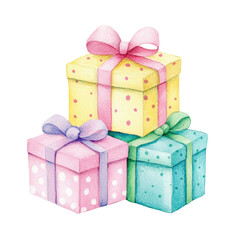Obraz premium Watercolor Gift Boxes with Bows and Polka Dots, Hand-Painted Birthday or Holiday Present Stack isolated on transparent white background, clipping path