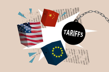 Trend artwork poster sketch image collage of metal chain ball tariffs attack box usa chine europe...