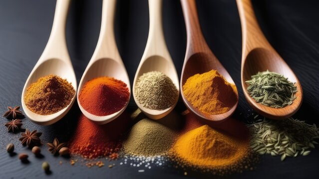 spices and herbs in wooden spoons on rustic wood background