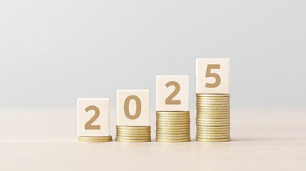 Wooden blocks displaying the year 2025 are stacked beside piles of golden coins, symbolizing financial growth and future investment opportunities in a minimalist setting