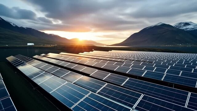 Wide view captures solar panels glimmering in the sunlight alongside a serene body of water, with majestic mountains framing the sunset. Nature and technology harmonize beautifully