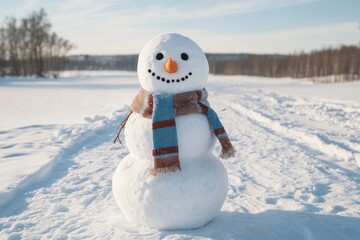 Happy Snowman with Carrot Nose and Scarf in Snowy Park Setting