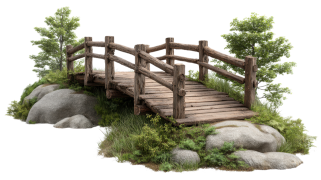 Rustic Wooden Bridge Over Rocks Surrounded by Lush Greenery