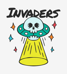 Colorful illustration of a UFO with a skull face beaming light, combined with the word 