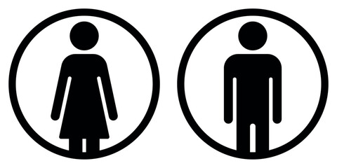Restroom sign, men and women symbol silhouette shape, black and white illustration of a man and a woman in a circle, isolated on white