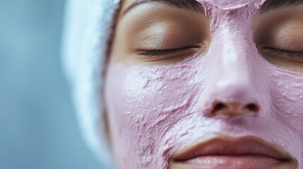 A close-up of a woman applying a pink facial mask depicts a moment of self-care, representing beauty routines and the importance of skincare in personal well-being and self-expression.