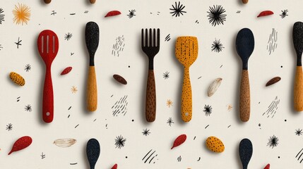 Colorful Child Drawn Kitchen Tools in Seamless Pattern