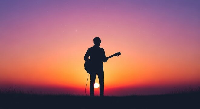 Silhouette of guitarist against vibrant sunset sky with stars