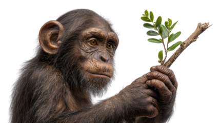 Thoughtful Primate Holding Green Leafy Branch in Natural Habitat