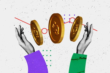 Obraz na płótnie Canvas Trend artwork poster composite image collage of hand hold three big coins levitate salary savings investment market budget trader graphics