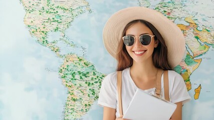 Happy woman traveler with hat and sunglasses smiling in front of world map, holding notebook and planning adventure, travel exploration, cheerful mood, vacation inspiration