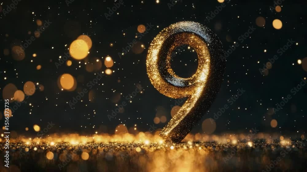 Poster Sparkling golden number nine surrounded by glowing bokeh on a dark background