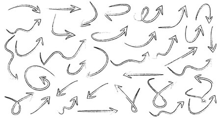 Hand Drawn Curved Arrows and Twisting Directional Elements – Black Sketch Style Vector Set for Navigation and Diagrams