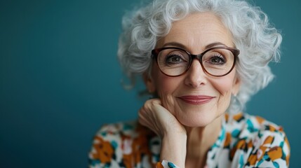 A stylish elderly woman with curly hair smiles warmly while resting her chin on her hand, showcasing elegance and confidence complemented by her chic glasses against a teal background.