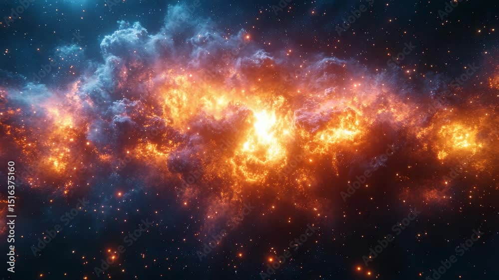 Poster Fiery orange nebula glowing in deep space with bright stars and cosmic clouds