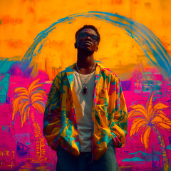 Naklejka premium A young African Nigerian Afrobeats musician in street clothes. A summery Vice City vibe, graffiti, palm trees, the ocean, and a giant sun painted on the wall. Colorful design image for an album cover.