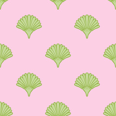 Serene hand drawn seamless pattern with semi-circular fan shapes abstract green palm leaves on pink background. Scallop leafy backdrop. Ideal for textiles, wallpapers, and interior decor