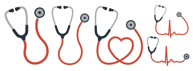 Stethoscope Icon Set .ECG line Heart beat Stethoscope simple flat style graphic icon symbol. Hospital doctor clinic logo. Healthcare sign. Vector illustration image. Isolated on white background. 