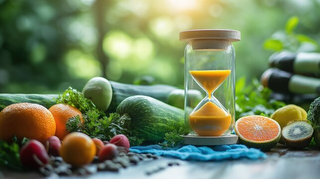 Glowing hourglass with fruits, vegetables, and exercise gear, symbolizing health and longevity.