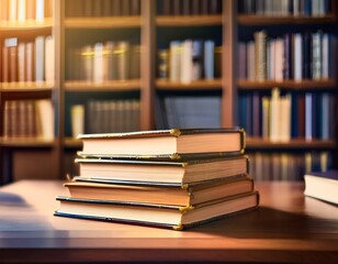 book stack on the desk in public library