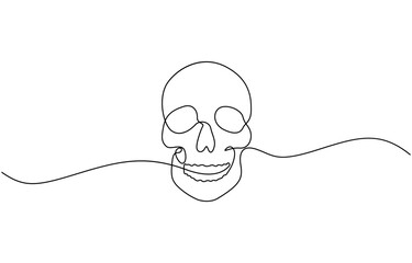 Human skull continuous one line drawing and and minimalist style, Single continuous line drawing black and white illustration of skull human head bone.