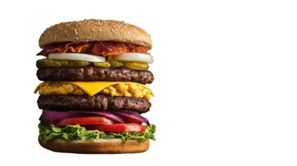 Multiple layers of hamburger patties, cheese, bacon, vegetables, and sauces are stacked high, resembling a nutrition bar graph, all set against a transparent background