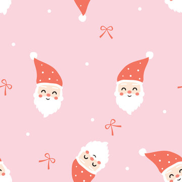 Christmas seamless pattern with Santa Claus, snow and ribbon bows on pink background vector.
