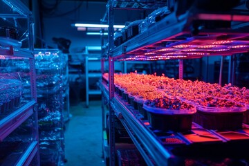 Blockchain mining heat powering mushroom farm with infrared and visible light overlay, showcasing hybrid agro-digital environment