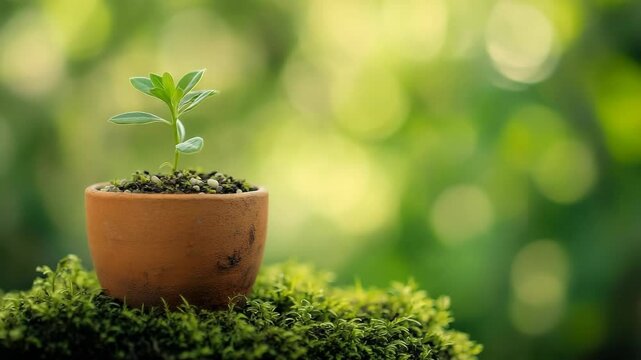 Young plant sprouting in terracotta pot with blurred green bokeh background
