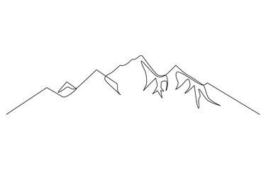 One continuous line drawing of the mountain vector illustration, Mountain - continuous line drawing. One line mountain range landscape background. Rocky peaks in simple linear style.