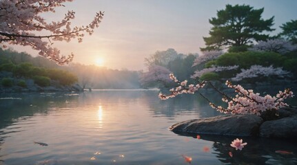 Serene Sunrise Landscape with Koi Fish and Cherry Blossoms