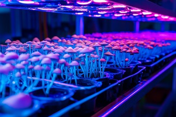 Blockchain mining heat powering mushroom farm with infrared and visible light overlay, showcasing hybrid agro-digital environment