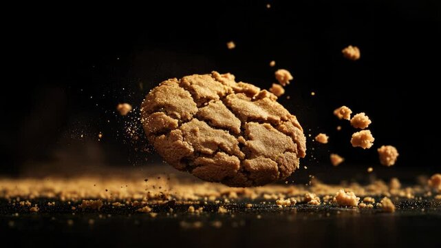Scrumbled cookie suspended in mid-air with crumbs on a dark background