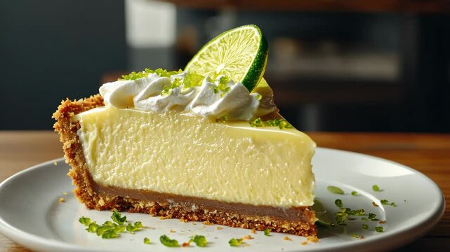 A key lime pie with a slice missing and a graham cracker crust.