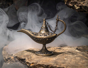 An intricately designed magic lamp rests on rugged rocks, surrounded by swirling mist, evoking a sense of mystery, magic, and ancient folklore from distant lands.