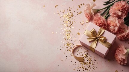 Pink and Gold Gift Box with Carnations and Confetti on Pastel Background