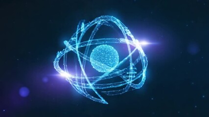 A glowing neon atom spins dark swirling vortex of quantum particles light flares. vortex glows blues purples, sense of deep space quantum dynamics and energy fields around the atom symbol - Powered by Adobe